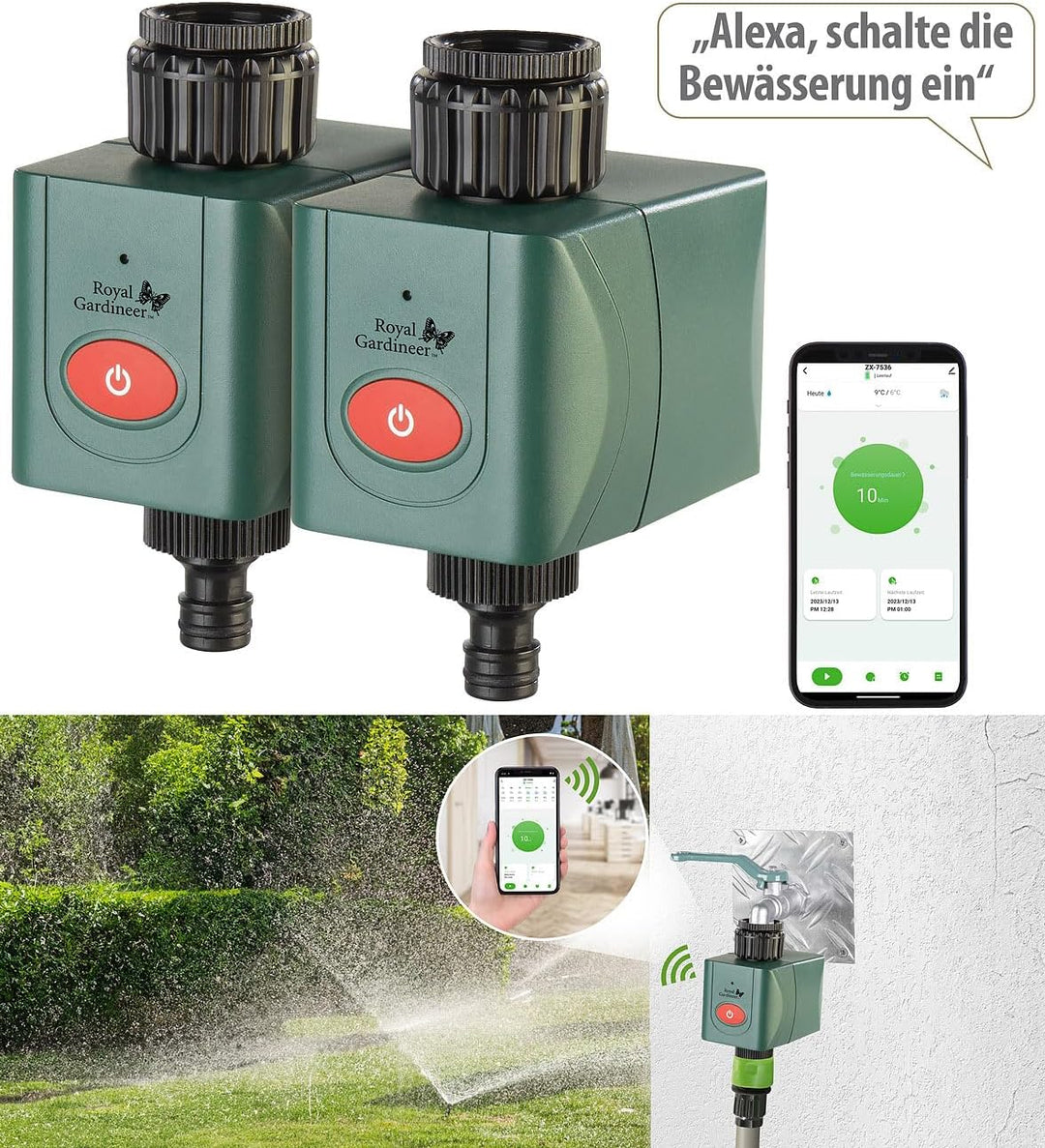 Royal Gardineer Elesion Bewässerung: 2er-Set WLAN-Bewässerungscomputer mit Ventil, App-Wetterdatenab