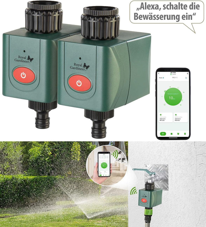 Royal Gardineer Elesion Bewässerung: 2er-Set WLAN-Bewässerungscomputer mit Ventil, App-Wetterdatenab