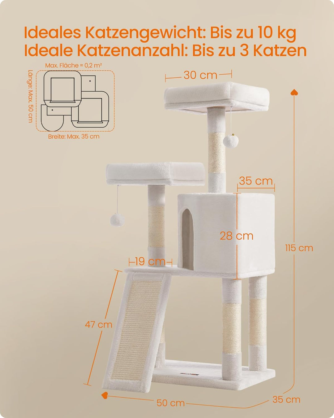 Feandrea Kratzbaum, Katzenbaum, 115 cm, Kratzbrett, cremeweiss PCT141W02 Cremweiss 50L x 35B x 115H