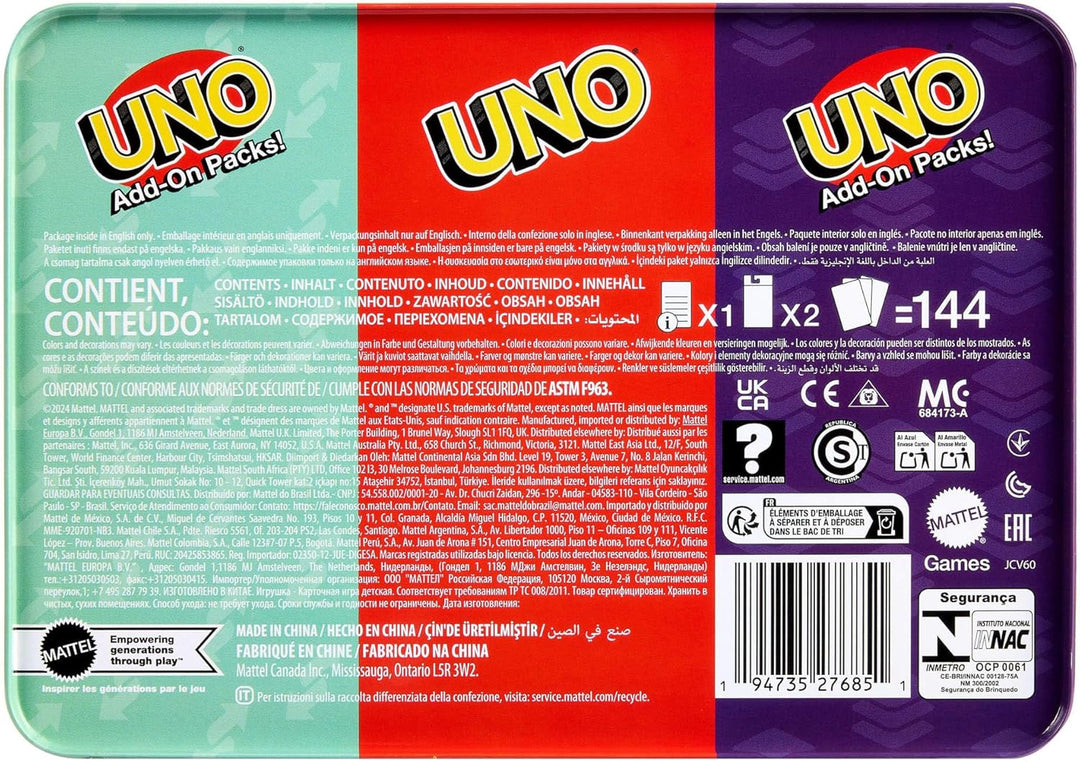 Mattel Games UNO Kartenspiel mit Zwei Erweiterungssets und Sammelmetalldose für Kinder, Erwachsene u