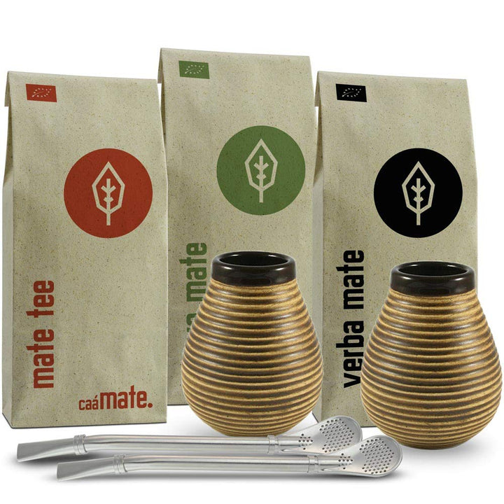 Mate Tee Set für Zwei Bio ● 2 Matebecher + 2 Bombillas + 300g Matetee + Zubereitungsanleitung vintag