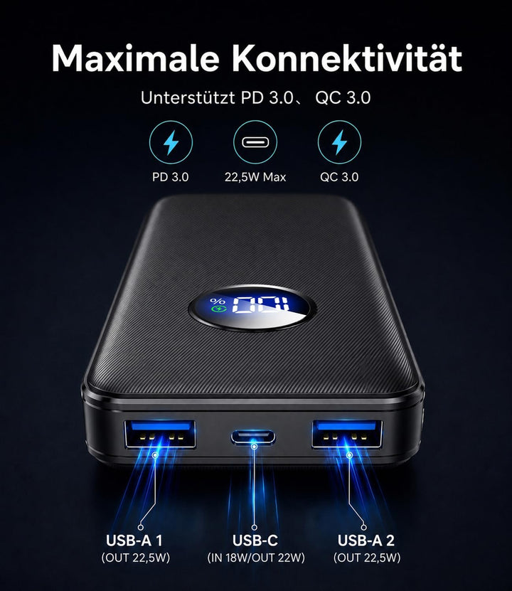 Powerbank 26800mAh, 22.5W Schnellladung Externer Akku mit LCD-Display, 22W USB-C PD Tragbares Ladege