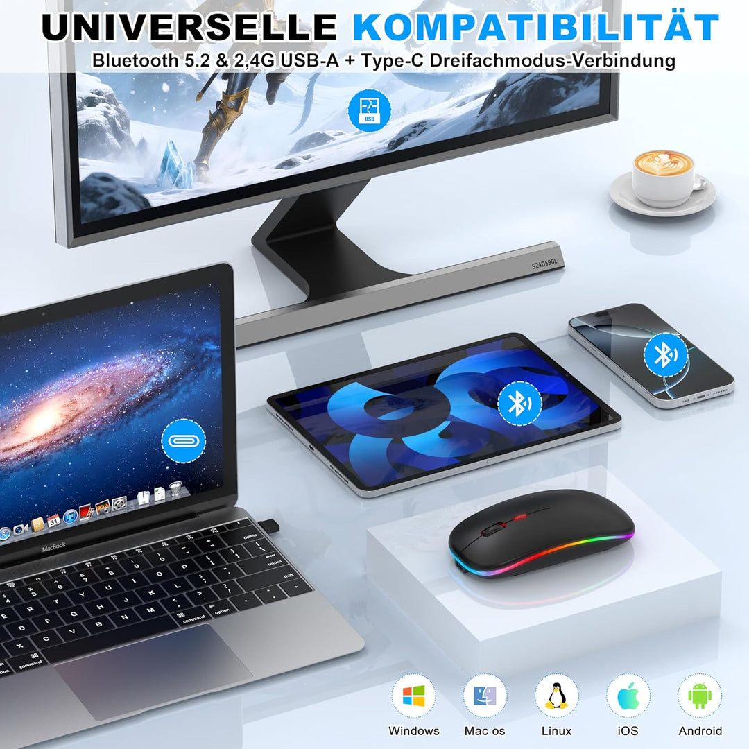 Azmall Kabellose Maus mit Jiggler-Modus – Bluetooth 5.2 & 2.4G Funk, für Laptop, PC, iOS, Android, i