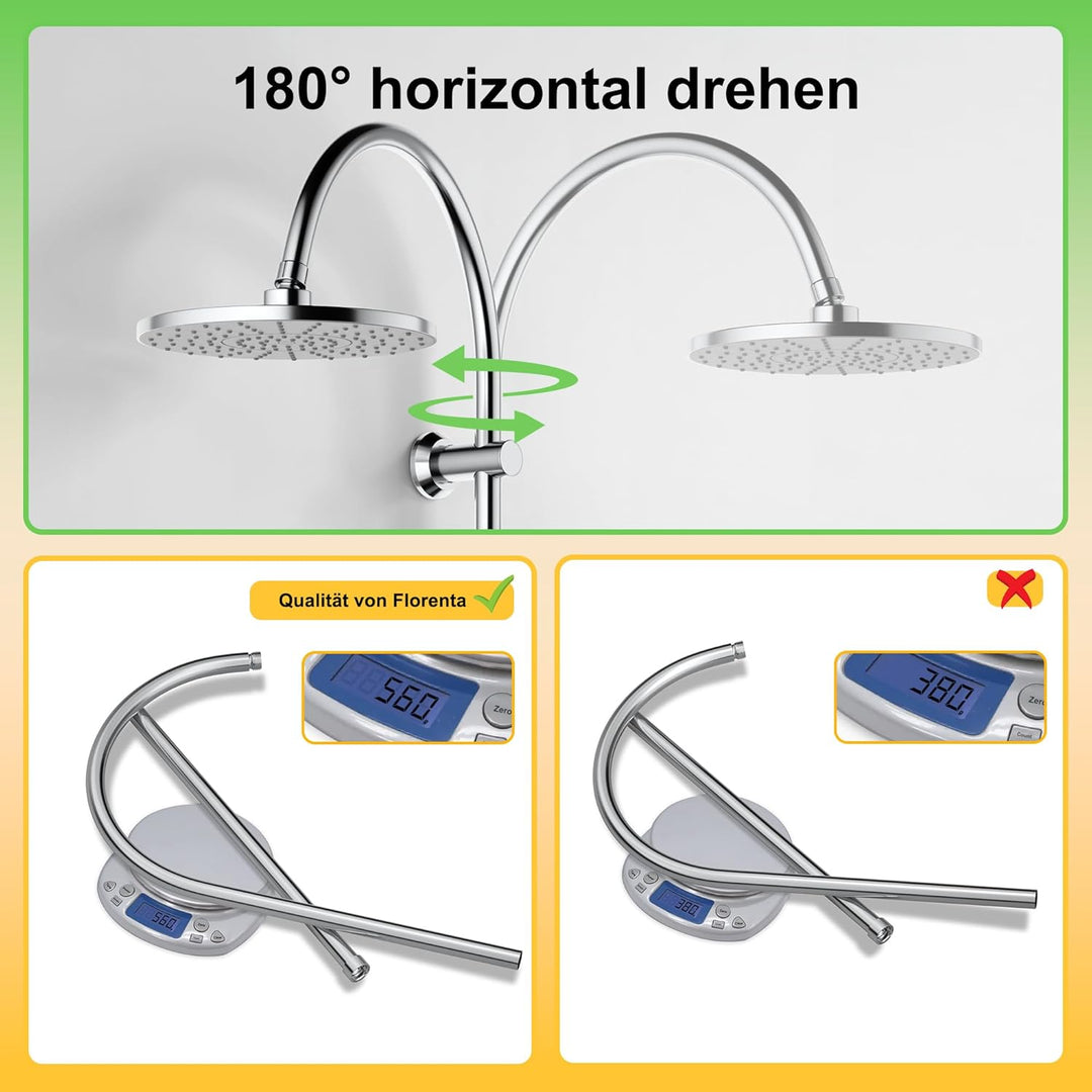 Florenta Regendusche Duschsystem ohne Armatur, Duschset mit Edelstahl-Duschstange, Kopfbrause und Ha