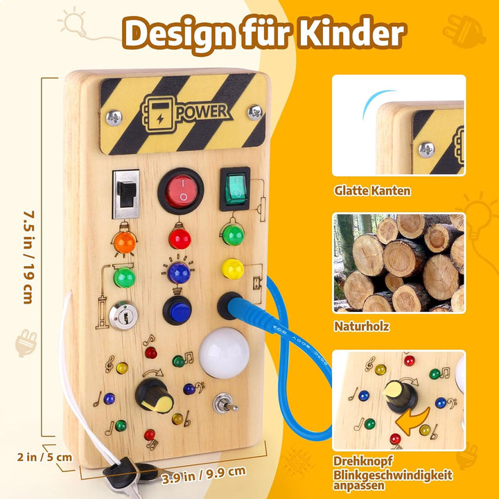 Konijiwa Montessori Busy Board 1 Jahr alt Kinder Activity Board Holzspielzeug mit 8 LED-Lichtschalte