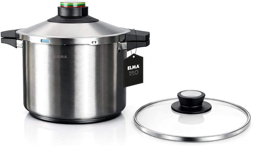ELMA Prêst Schnellkochtopf 8 Liter, Ø 24 cm | 18/10 Edelstahl, Induktionsgeeigneter Kapselboden, 2 G