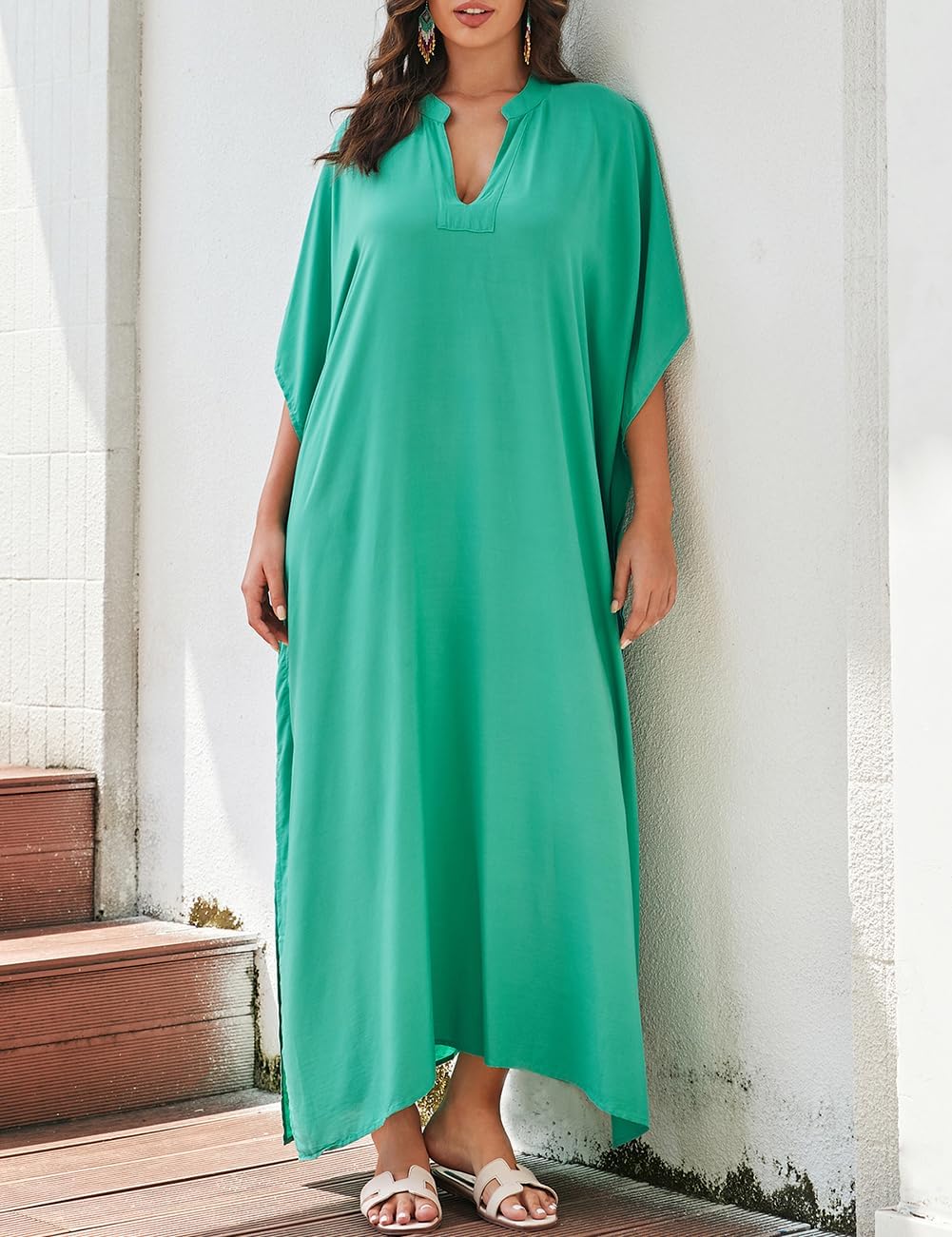 Bsubseach Frauen Plus Grösse Kaftan Kleid Badeanzug Druck Kaftan Strand Cover Up Kleid Y-Blau Grün,
