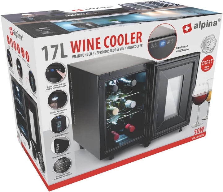 alpina Weinkühlschrank 18L - Weinkühler für 6 Flaschen - Flaschenkühler 230V - Temperatur Regelbar v