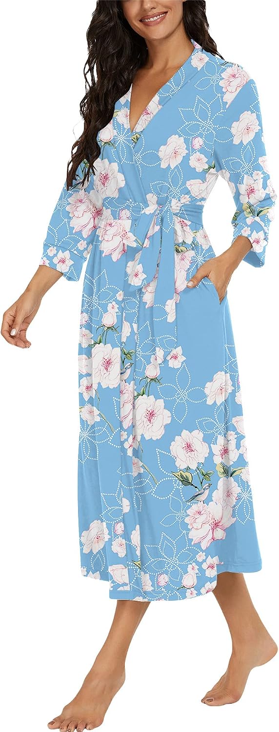 PrinStory Damen Bademantel Leichter 3/4 Ärmeln Morgenmantel V-Ausschnitt Kimono Roben Langes Nachtwä