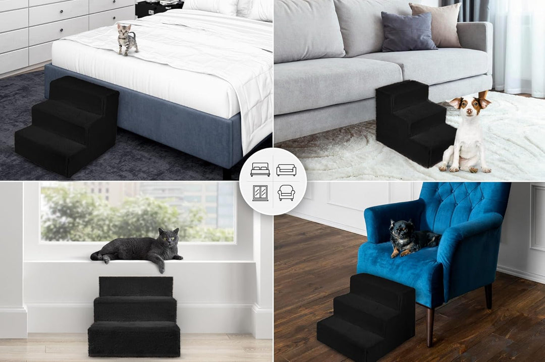 Mg Design Hundetreppe 3 Stufen in Schwarz – Stabiler Holzrahmen, gelenkschonend, leicht &amp; mobil, für