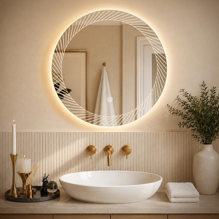 Rund Badezimmer Wandspiegel mit LED Beleuchtung, 80cm | Spiegel mit Linienmuster Licht, Touch Schalt
