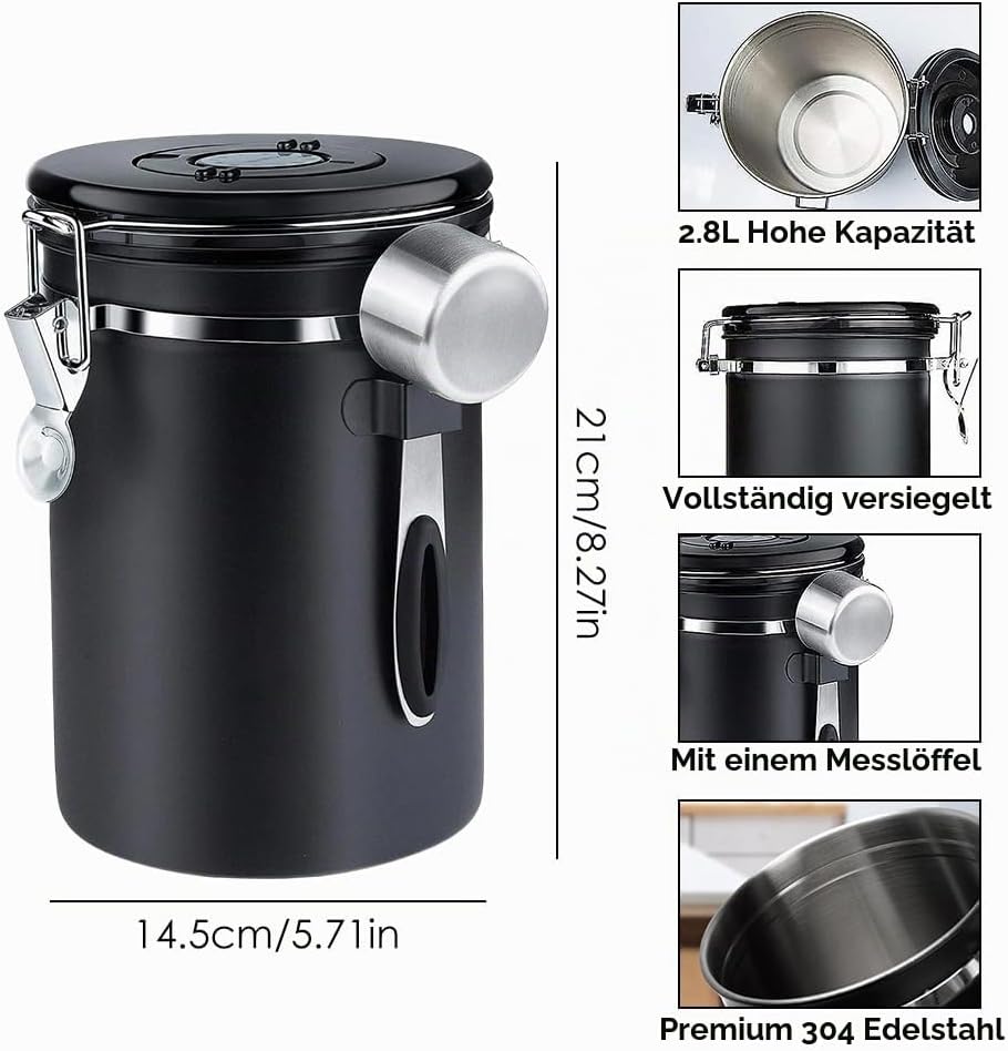 Kaffeedose, Kaffeebohnenbehälter, Vakuum Kaffee Dose, 2,8 L Kaffeebohnen aus Edelstahl, mit Datumsan