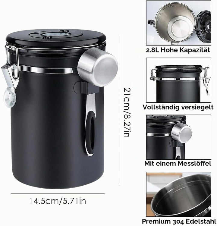 Kaffeedose, Kaffeebohnenbehälter, Vakuum Kaffee Dose, 2,8 L Kaffeebohnen aus Edelstahl, mit Datumsan