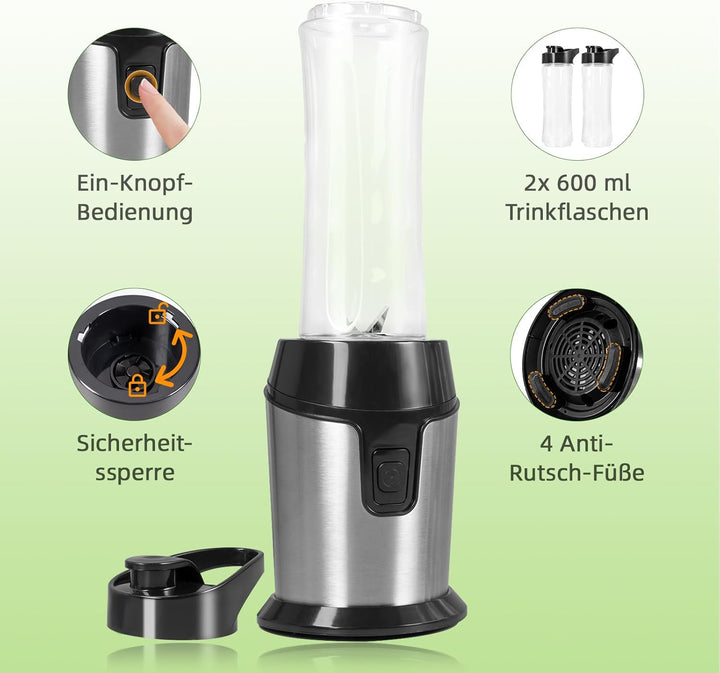 Carehabi Mixer, Tragbarer Mini Standmixer & Smoothie Blender mit 2x600ml Flaschen (BPA-frei), 300W E