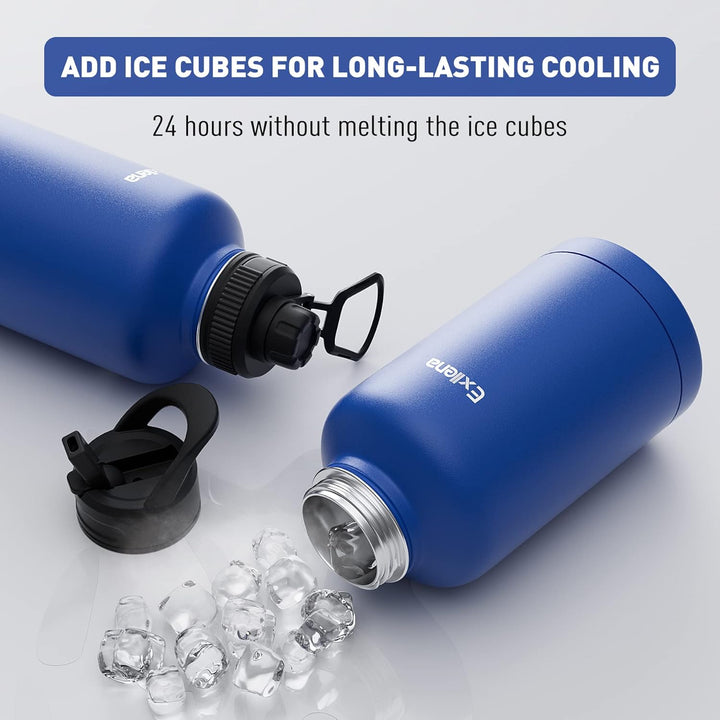 Exllena 2 Liter Edelstahl Wasserflasche, doppelt isolierte Wasserflaschen mit zwei Deckeln und schüt
