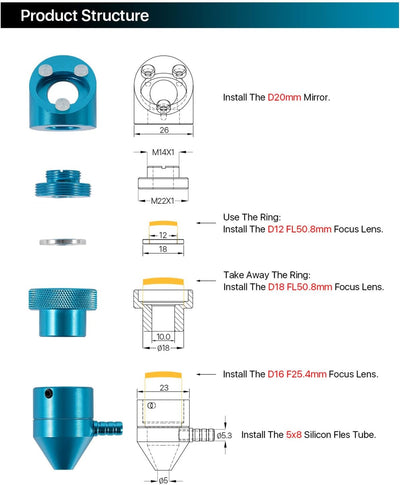 Cloudray k40 CO2 Laser Head 12/18 mm FL50.8 & 16 mm FL25.4 Laserkopf mit Linsenspiegel für K40 Laser