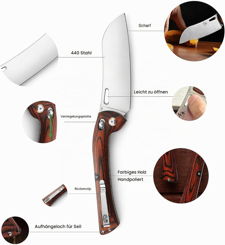 SENBON 440 Stainless Steel Super Sharp Folding Chef Knife With Colorful Wood Handle for Camping, Bar