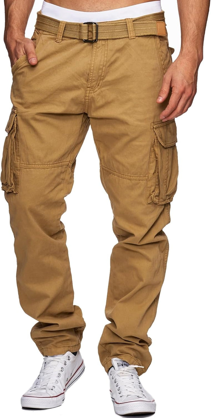 Indicode Herren William Cargohose aus Baumwolle m. 7 Taschen inkl. Gürtel | Outdoorhose S Amber, S A
