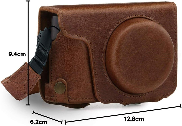 MegaGear Panasonic Lumix DC-TZ100, TZ200 Ever Ready Echtleder Kamera-Case mit Trageriemen - Braun MG