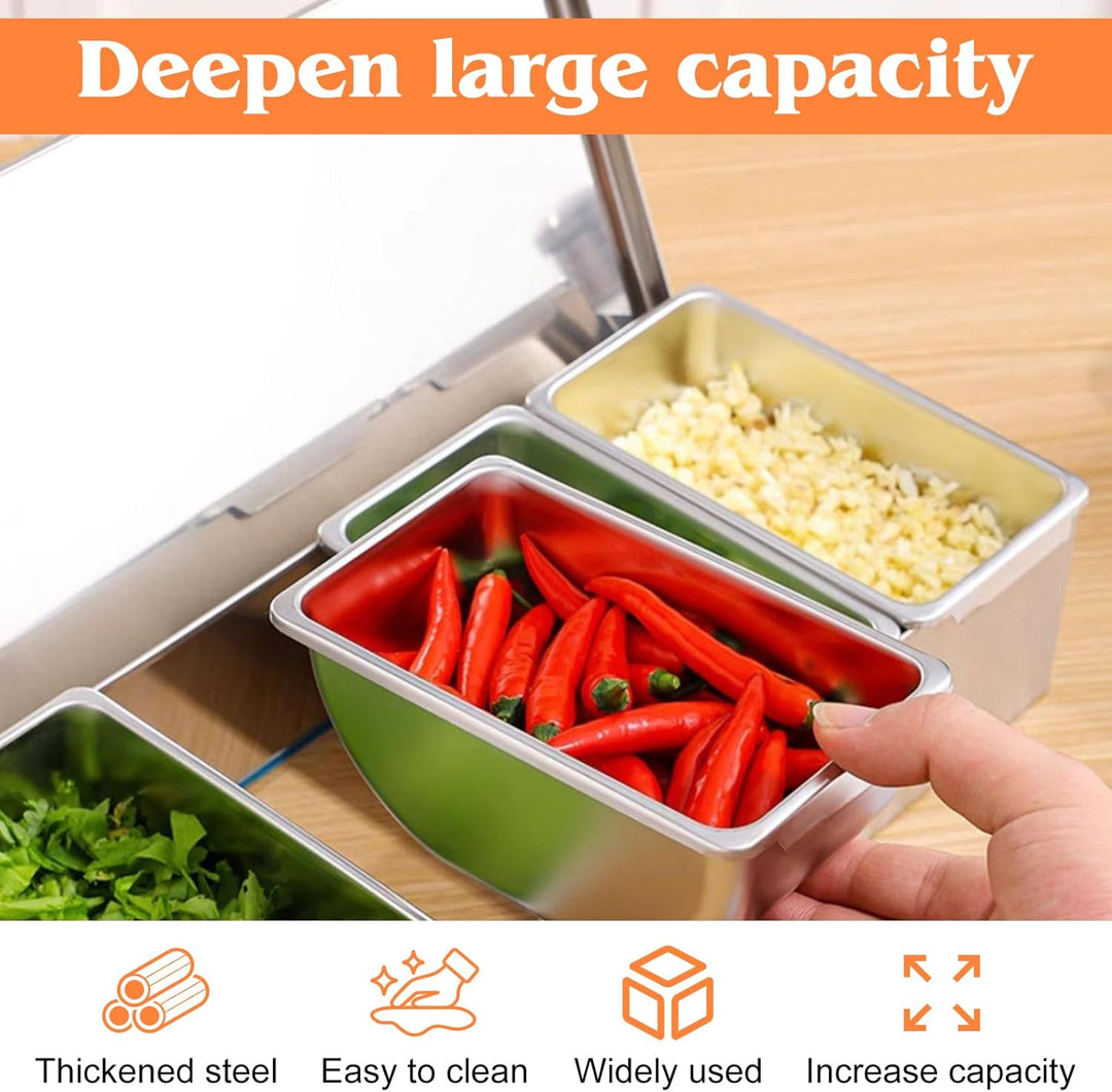 BORDEAG Multi Zutatenbehälter, Gewürzbox Aus Edelstahl Mit 4 Fächern, Zutatenspender Edelstahls, Piz