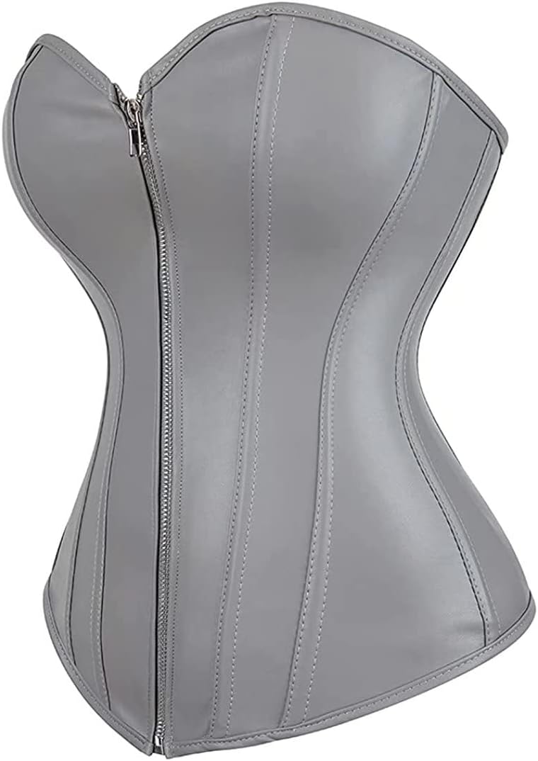 Josamogre Leder Korsett Top Damen Corsage Reissverschluss Sexy XL Silver, XL Silver