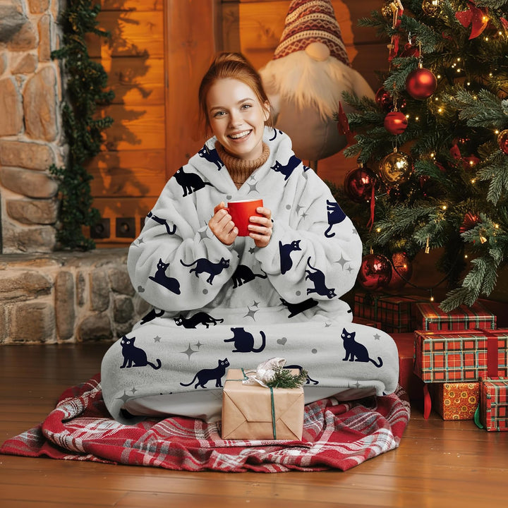 Hoodie Decke Oversize Katze Grau mit Ärmeln Kuscheldecke Deckenpullover für Damen Herren, Tragbare D