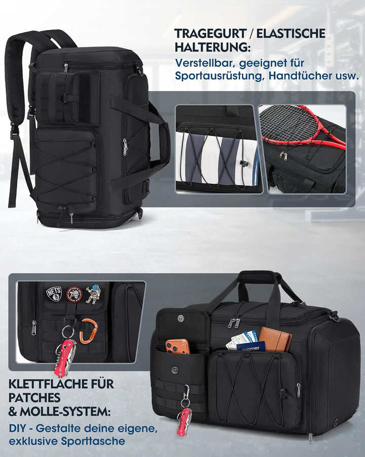 RAINSMORE 45L Sporttasche Herren Damen, 3-IN-1 Reisetasche mit Schuhfach Nassfach, Wasserdicht Gym D