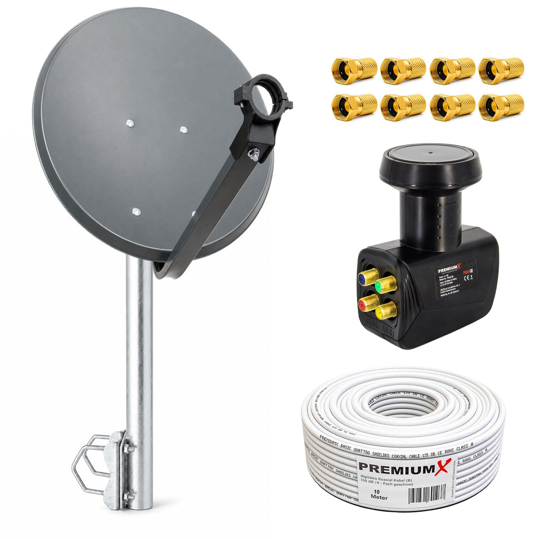 PremiumX Balkon Satelliten-Komplettanlage 4 Teilnehmer 60cm SAT Antenne Quad LNB 10m Kabel 8X F-Stec
