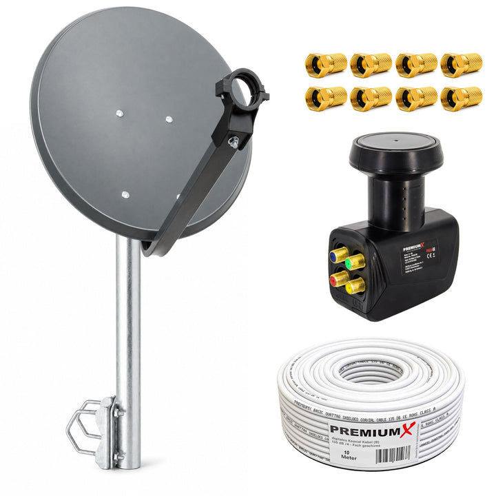 PremiumX Balkon Satelliten-Komplettanlage 4 Teilnehmer 60cm SAT Antenne Quad LNB 10m Kabel 8X F-Stec