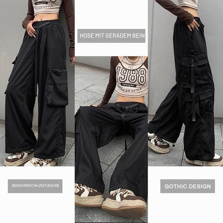 Hewlshawn Damen Cargohose Baggy High Waist Gotisch Y2k Straight Streetwear Elastische Taille mit Kor