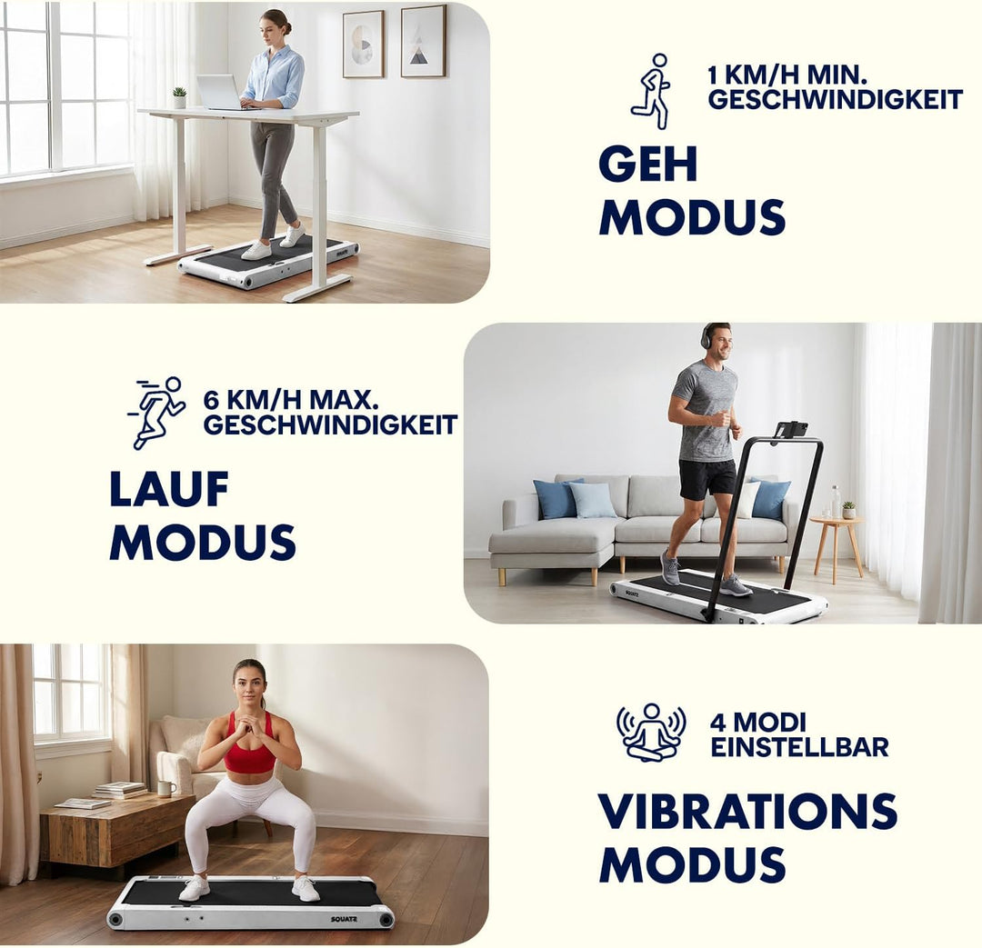 SQUATZ Walking Pad Laufband mit Handlauf für Zuhause, klappbar, Weiss 2-in-1 mit Vibrationsplatte, l
