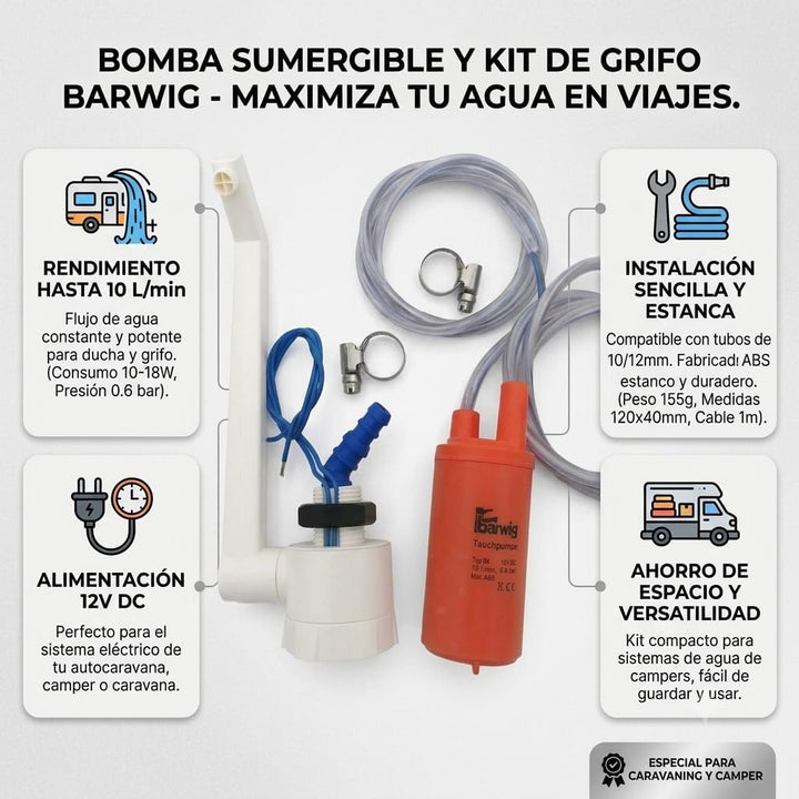 CR-MOESANCO® Set Wasserhahn + Pumpe + 2 Schlauchschellen aus Edelstahl für Wohnwagen, 12 V, Wohnmobi