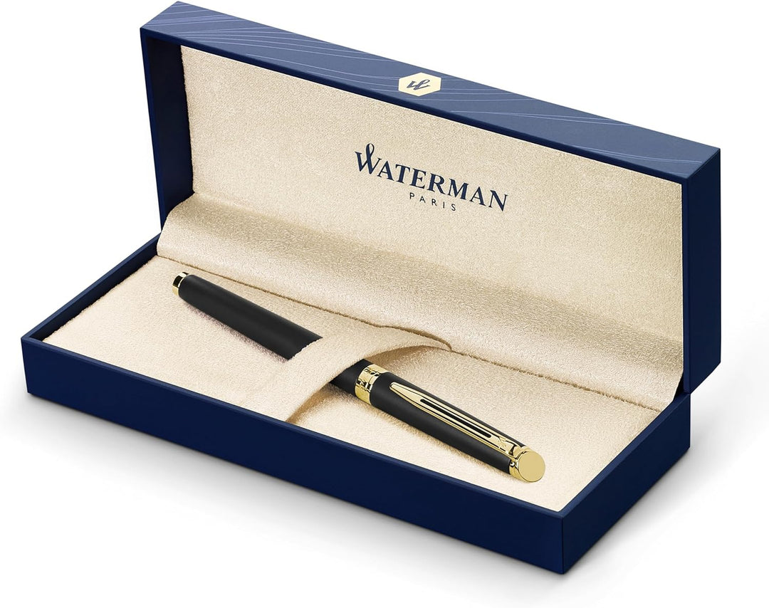 Waterman Hémisphère Tintenroller | Mattschwarz mit Goldzierteile | feine Spitze | Schwarze Tinte | G