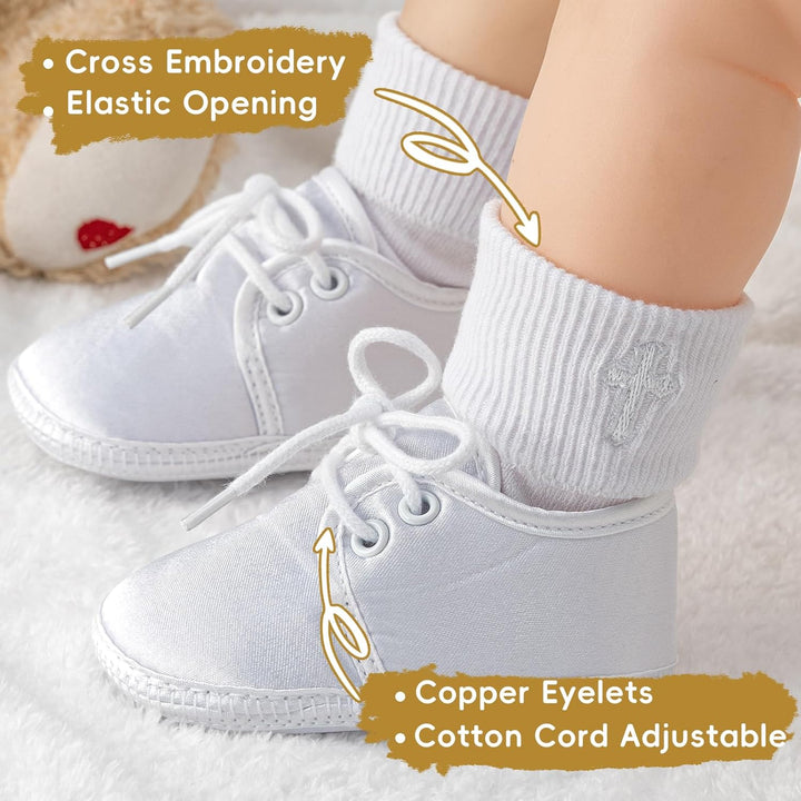 Booulfi Baby Jungen Schuhe Neugeborene Wihte Schuhe für Kleinkind Taufe Schuhe und Socken Set, 3-6 M