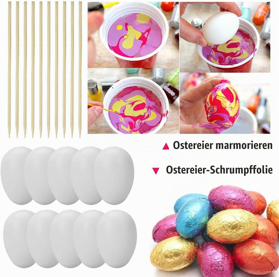 Willingood 100 Deko-Eier Ostern [6 cm, Kunststoff] + 100 Aufhänger für Ostereier + 10 Schaschlik-Spi