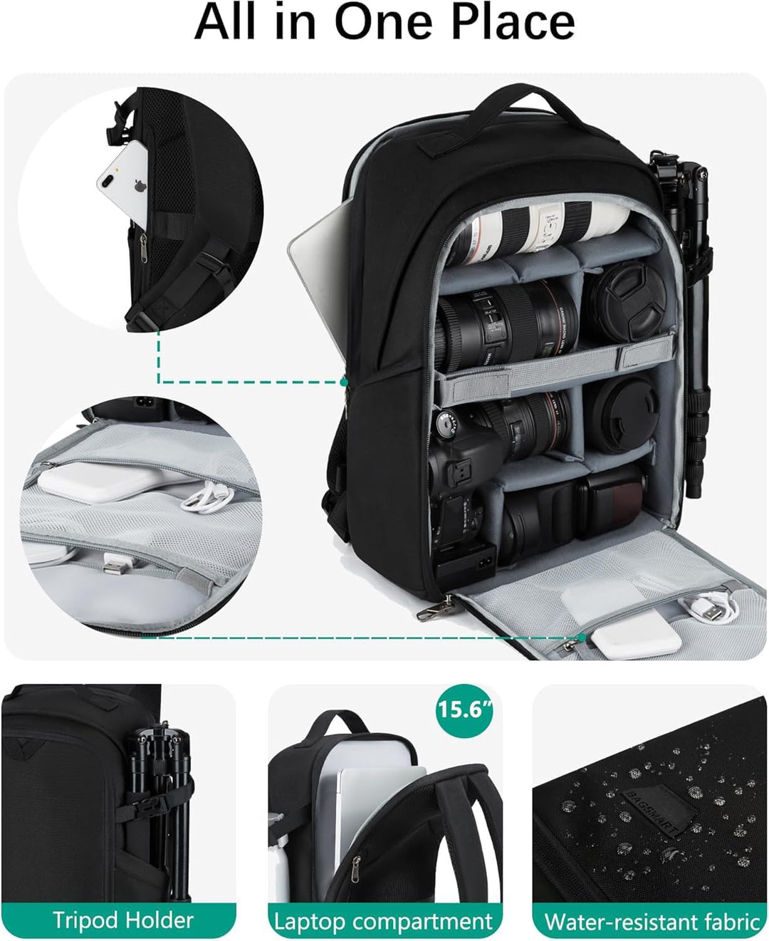 BAGSMART Kamerarucksack, DSLR SLR kameratasche Passend für 15,6-zoll Laptops, Wasserfeste Fotorucksa