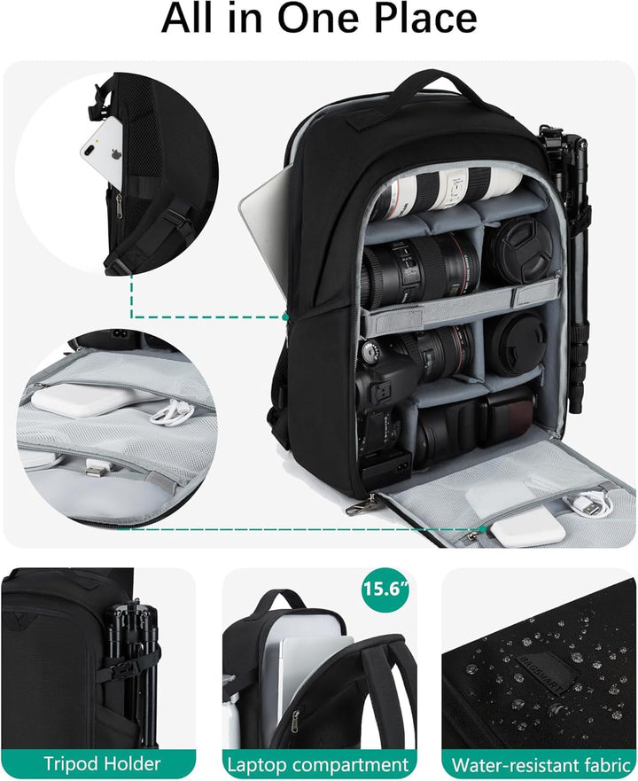 BAGSMART Kamerarucksack, DSLR SLR kameratasche Passend für 15,6-zoll Laptops, Wasserfeste Fotorucksa