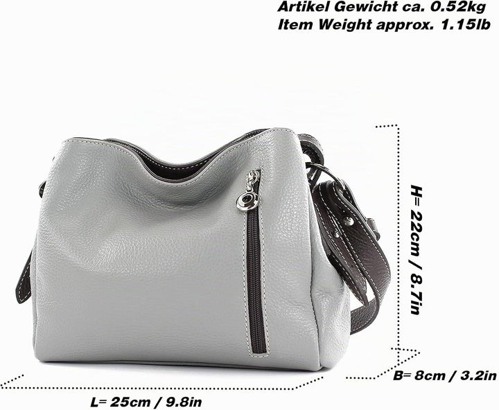 modamoda de - T220 - ital. Schultertasche Klein aus Echtleder Creme/Dunkelbraun, Creme/Dunkelbraun