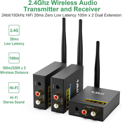 1Mii 3-in-1 Audio Sender Empfänger, Drahtlos Transmitter und 2 Receivers, 2.4G Niedrige Verzögerung,