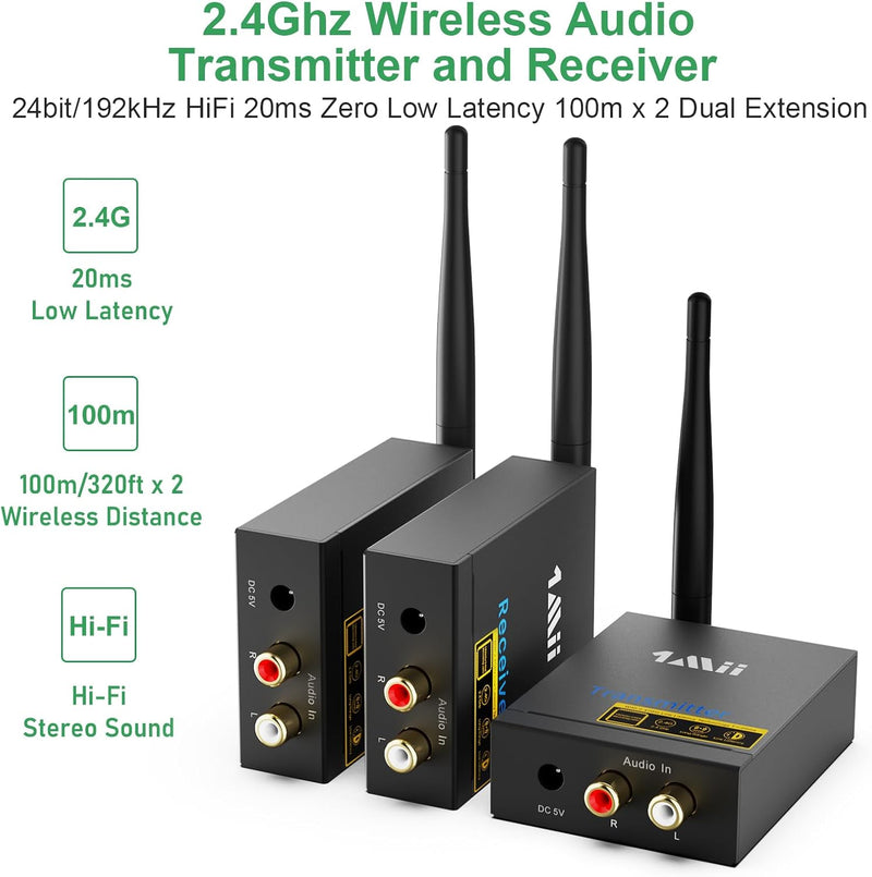 1Mii 3-in-1 Audio Sender Empfänger, Drahtlos Transmitter und 2 Receivers, 2.4G Niedrige Verzögerung,