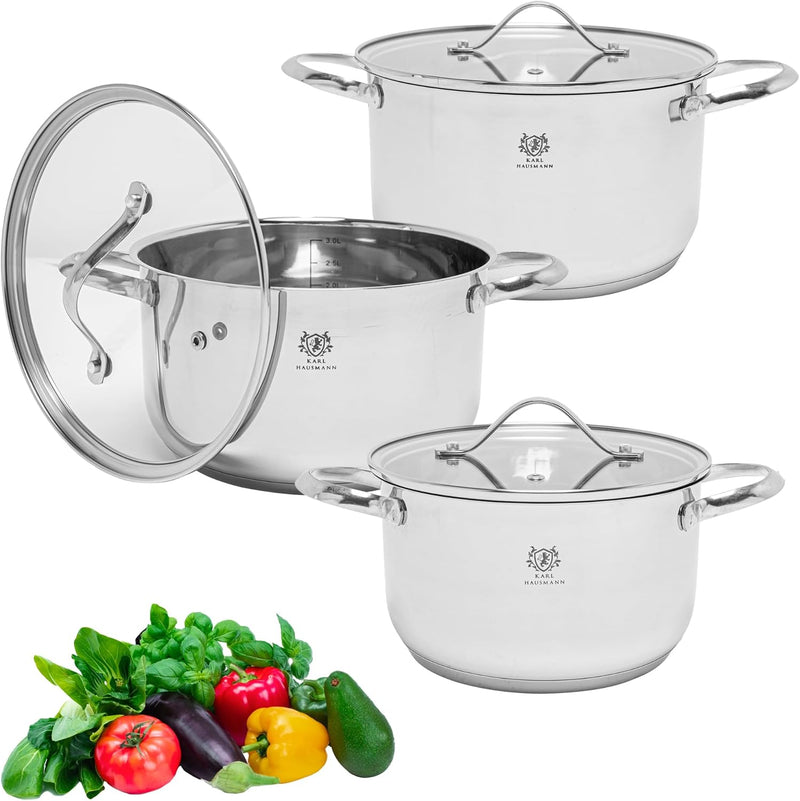 Topfset Induktion 3-teilig, Kochtopf Set mit Glasdeckel, Edelstahl mattiert, Induktions Töpfe Set un