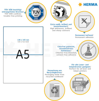 HERMA 8691 Versandetiketten, 400 Blatt, 148 x 105 mm, 2 Stück pro A5 Bogen, 800 Aufkleber, selbstkle