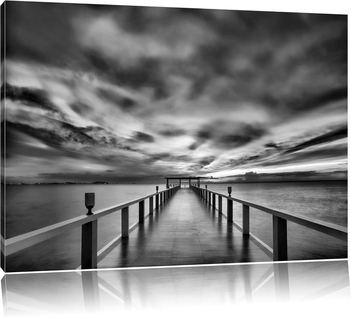 Pixxprint Monocrome, Endloser Steg ins Meer im Sonnenuntergang, Format: 100x70 auf Leinwand, 100x70