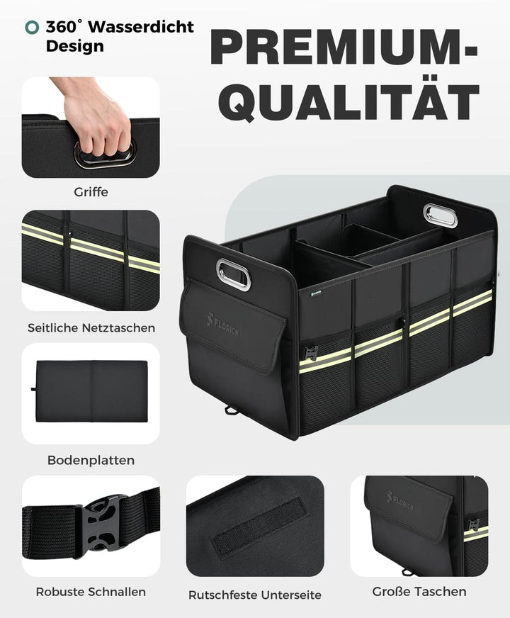FLORICH Kofferraum Organizer mit Fächern Faltbare 63L Premium Kofferraumbox stabil Rutschfest Wasser