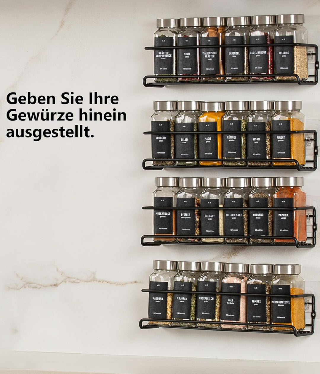 Deco haus® Gewürzregal Wand ohne Bohren [MIT 24 GEWÜRZGLÄSER & ETIKETTEN] - Gewürzregal Hängend 4er