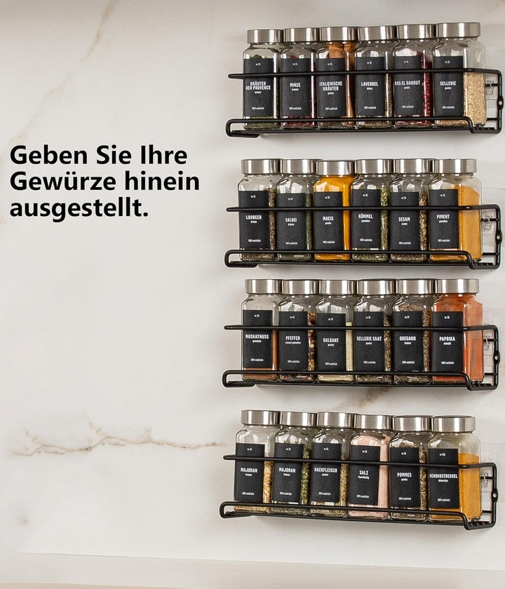 Deco haus® Gewürzregal Wand ohne Bohren [MIT 24 GEWÜRZGLÄSER & ETIKETTEN] - Gewürzregal Hängend 4er