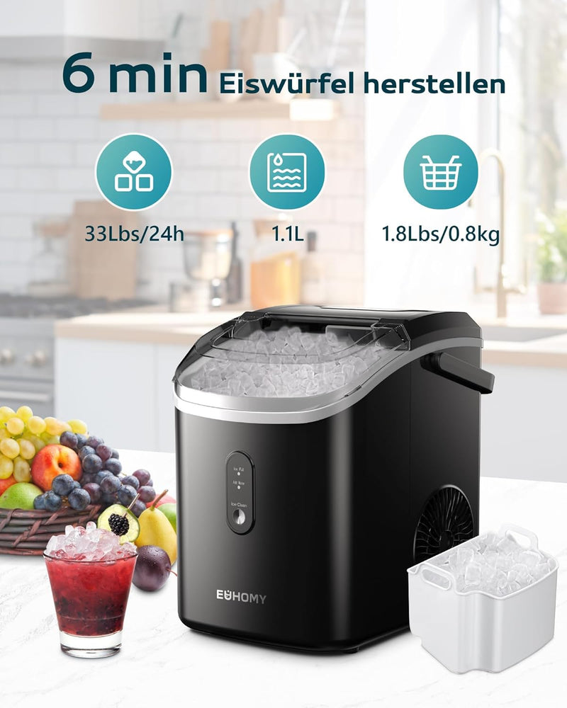 EUHOMY Eiswürfelmaschine, 15kg/24h, Herstellung in 6 Minuten, Crushed Ice Maker, Nuggets Ice, Automa