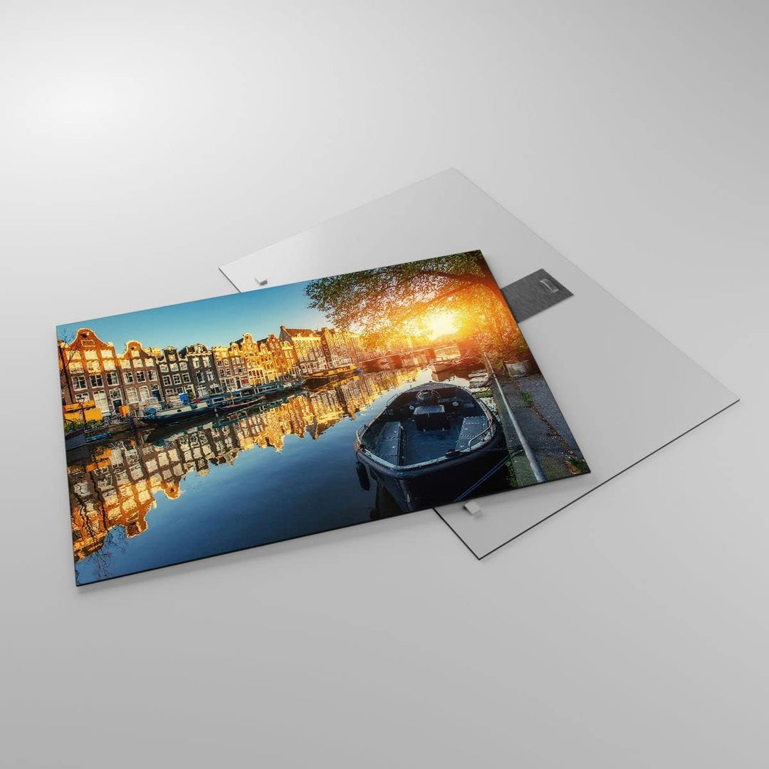 Bilder auf Glas Kanal Boot Amsterdam Wasser Glasbild 70x50cm Wandbilder Dekoration Wohnzimmer Schlaf