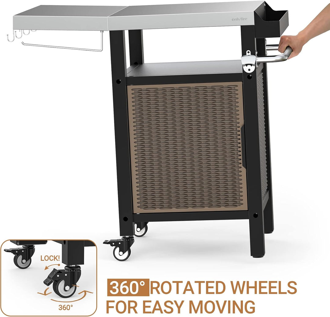 onlyfire Grilltisch Outdoor, Grillwagen mit Abklappbare Seitenablagen, Outdoor Servierwagen mit Roll