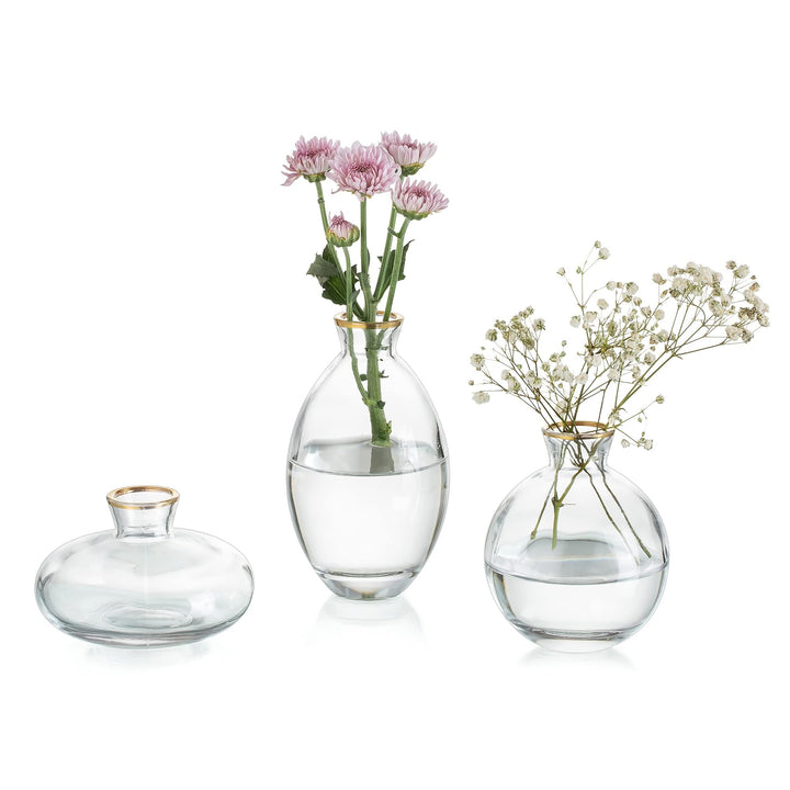 Kleine Vasen Für Tischdeko Vintage Handmade, 3 Teilig Mini Vase Glas Goldrand Blumenvase Modern Set